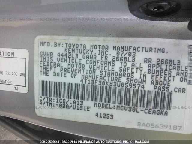 4T1BF30K83U059574 - 2003 TOYOTA CAMRY LE/XLE/SE ნაცრისფერი ფოტო 9