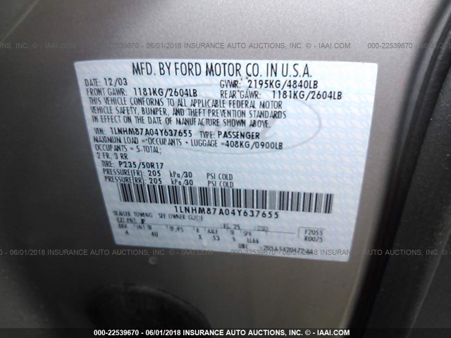 1LNHM87A04Y637655 - 2004 LINCOLN LS Bej foto 9