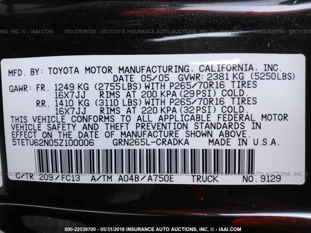 5TETU62N05Z100006 - 2005 TOYOTA TACOMA PRERUNNER ACCESS CAB BLACK photo 9