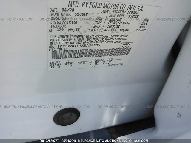 1FTSW31F1XEA76206 - 1999 FORD F350 SRW SUPER DUTY WHITE photo 9