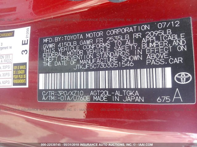 JTKJF5C73D3051546 - 2013 TOYOTA SCION TC 红色 照片 9