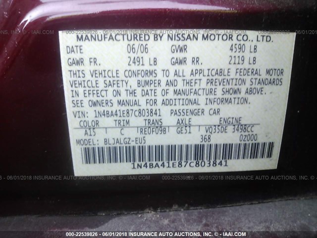 1N4BA41E87C803841 - 2007 NISSAN MAXIMA SE/SL RED photo 9