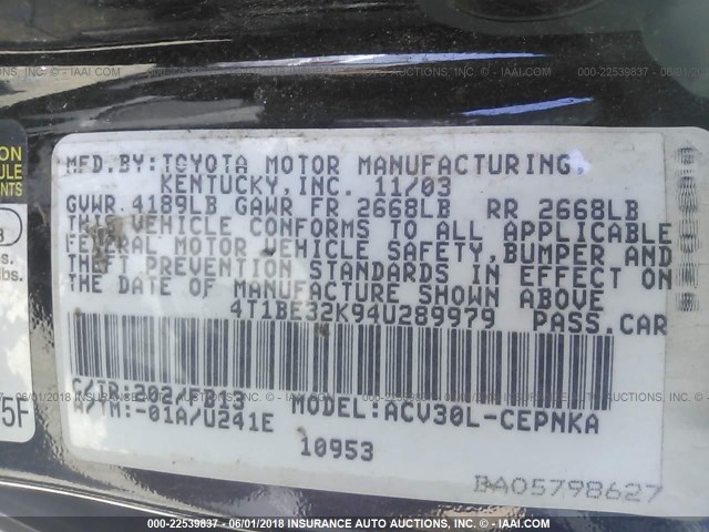 4T1BE32K94U289979 - 2004 TOYOTA CAMRY LE/XLE/SE Qara foto 9