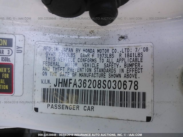 JHMFA36208S030678 - 2008 HONDA CIVIC HYBRID WHITE photo 9