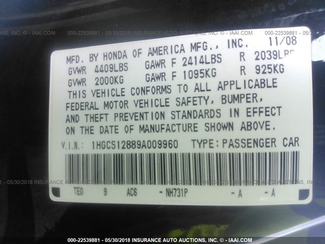 1HGCS12889A009960 - 2009 HONDA ACCORD EXL BLACK photo 9