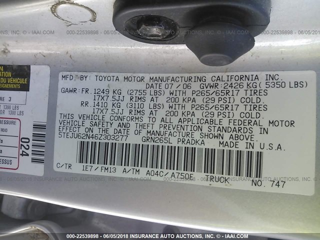 5TEJU62N46Z303277 - 2006 TOYOTA TACOMA DOUBLE CAB PRERUNNER SILVER photo 9