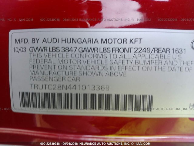 TRUTC28N441013369 - 2004 AUDI TT RED photo 9