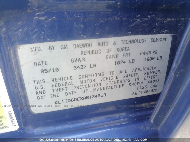 KL1TD6DEXAB134859 - 2010 CHEVROLET AVEO LS/LT 蓝色 照片 9