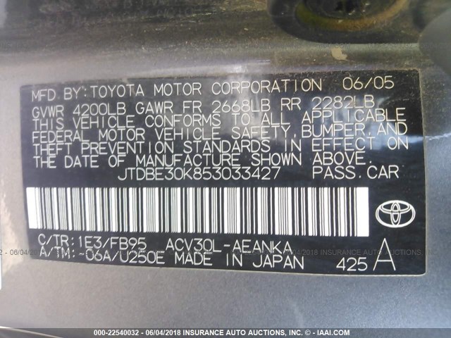 JTDBE30K853033427 - 2005 TOYOTA CAMRY LE/XLE/SE Boz foto 9