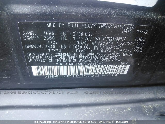 4S4BRDJC6C2246991 - 2012 SUBARU OUTBACK 3.6R LIMITED GRAY photo 9