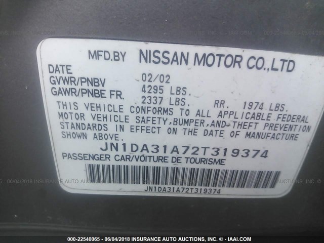 JN1DA31A72T319374 - 2002 NISSAN MAXIMA GLE/SE GRAY photo 9