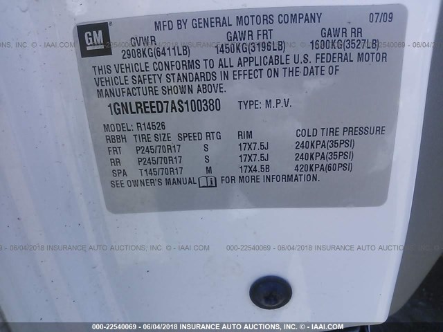 1GNLREED7AS100380 - 2010 CHEVROLET TRAVERSE LS WHITE photo 9