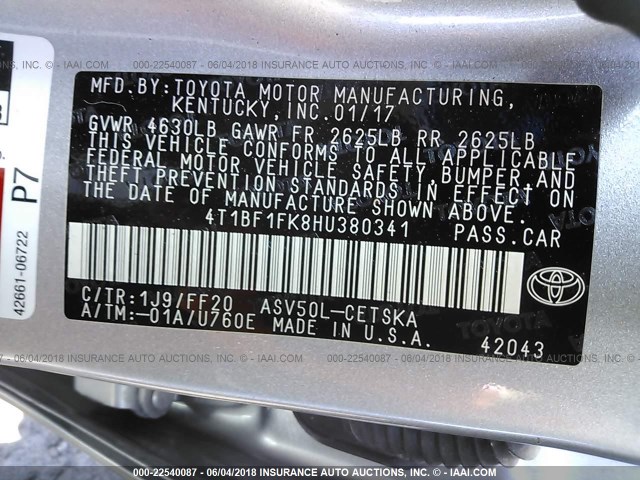 4T1BF1FK8HU380341 - 2017 TOYOTA CAMRY LE/XLE/SE/XSE WHITE photo 9