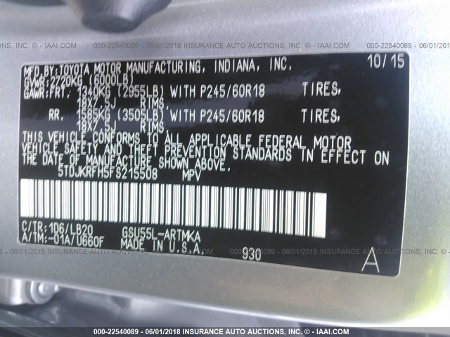 5TDJKRFH5FS215508 - 2015 TOYOTA HIGHLANDER XLE ვერცხლისფერი ფოტო 9