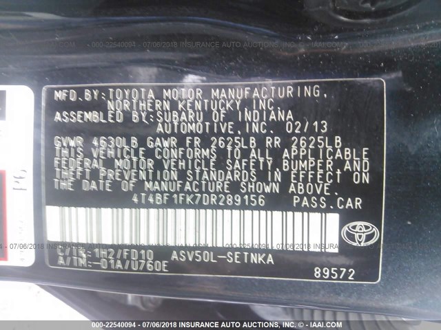 4T4BF1FK7DR289156 - 2013 TOYOTA CAMRY L/SE/LE/XLE 蓝色 照片 9