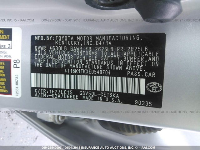 4T1BK1FKXEU549704 - 2014 TOYOTA CAMRY SE/XLE SILVER photo 9