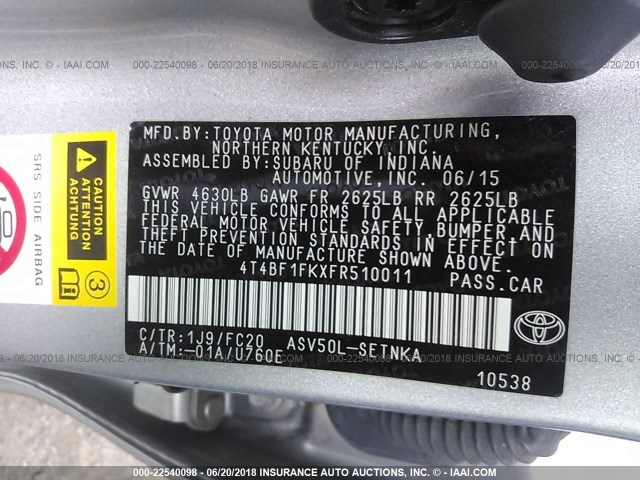 4T4BF1FKXFR510011 - 2015 TOYOTA CAMRY LE/XLE/SE/XSE SILVER photo 9