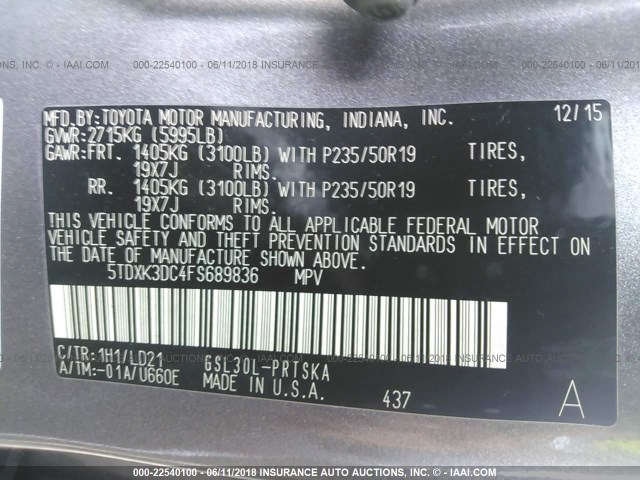 5TDXK3DC4FS689836 - 2015 TOYOTA SIENNA SPORT GRAY photo 9