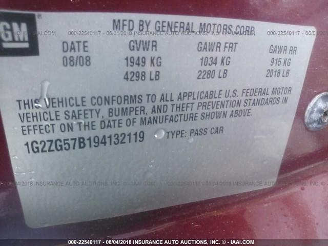 1G2ZG57B194132119 - 2009 PONTIAC G6 MAROON photo 9