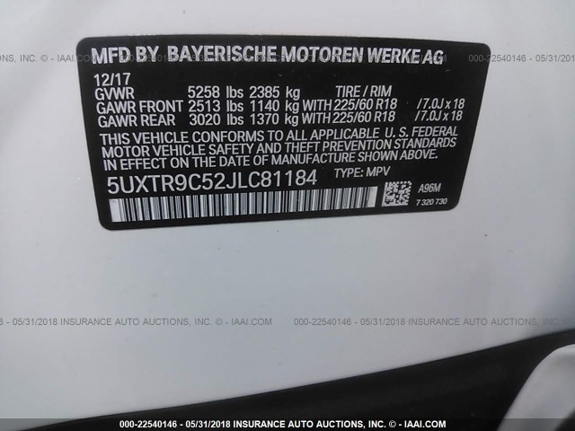 5UXTR9C52JLC81184 - 2018 BMW X3 XDRIVEM40I WHITE photo 9