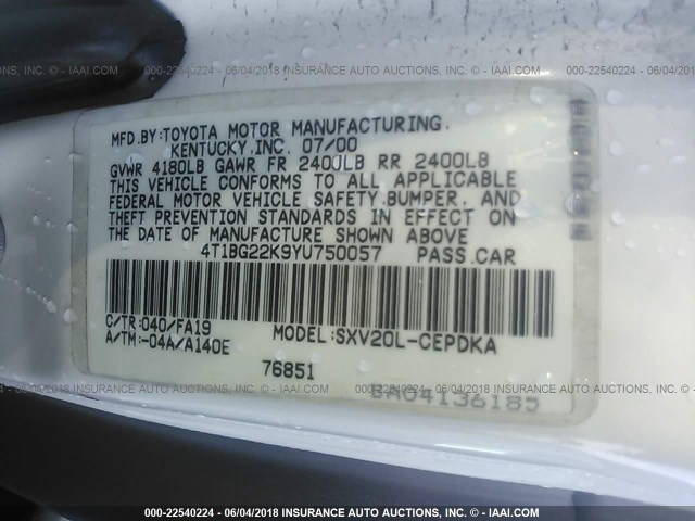 4T1BG22K9YU750057 - 2000 TOYOTA CAMRY CE/LE/XLE თეთრი ფოტო 9