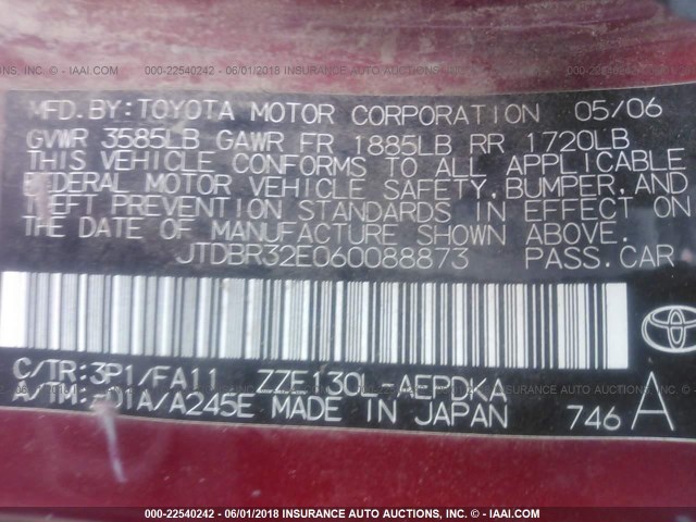 JTDBR32E060088873 - 2006 TOYOTA COROLLA CE/LE RED photo 9