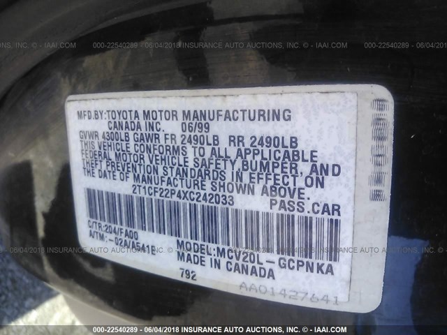 2T1CF22P4XC242033 - 1999 TOYOTA CAMRY SOLARA SE/SLE შავი ფოტო 9