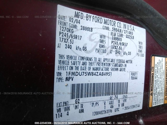 1FMDU75W84ZA84951 - 2004 FORD EXPLORER LIMITED 栗色 照片 9