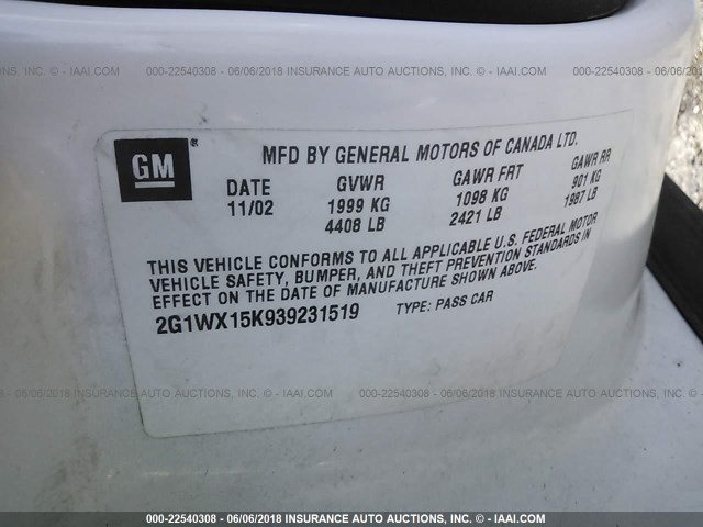 2G1WX15K939231519 - 2003 CHEVROLET MONTE CARLO SS თეთრი ფოტო 9