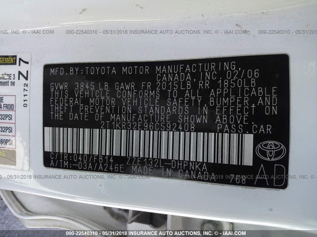2T1KR32E96C592408 - 2006 TOYOTA COROLLA MATRIX XR WHITE photo 9