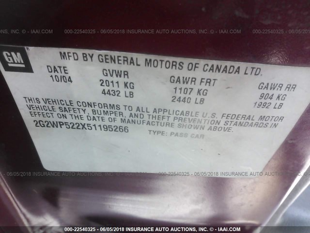 2G2WP522X51195266 - 2005 PONTIAC GRAND PRIX BURGUNDY photo 9