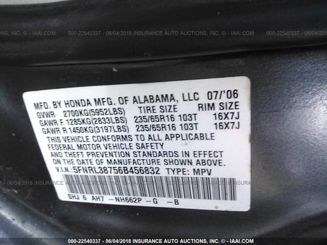 5FNRL38756B456832 - 2006 HONDA ODYSSEY EXL GRAY photo 9