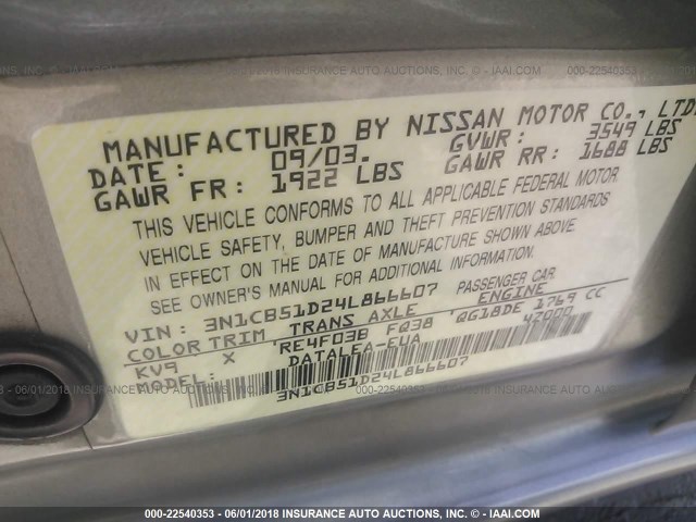 3N1CB51D24L866607 - 2004 NISSAN SENTRA 1.8/1.8S GOLD photo 9