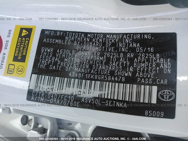 4T4BF1FK8GR584478 - 2016 TOYOTA CAMRY LE/XLE/SE/XSE WHITE photo 9