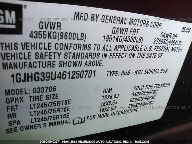 1GJHG39U461250701 - 2006 GMC SAVANA G3500 MAROON photo 9