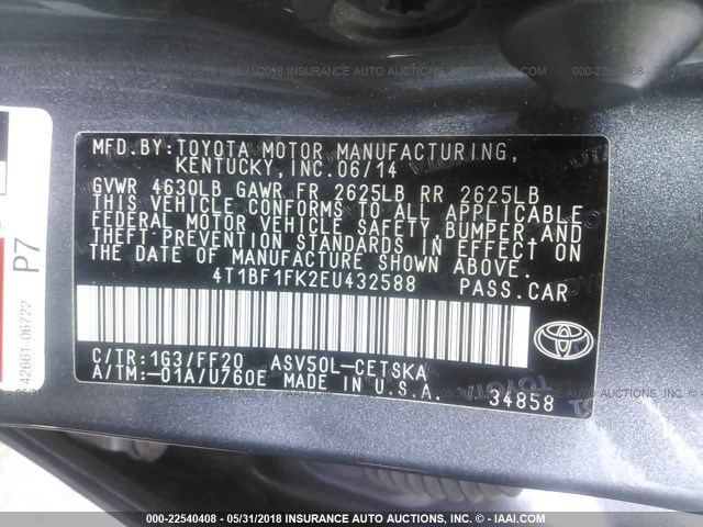 4T1BF1FK2EU432588 - 2014 TOYOTA CAMRY L/SE/LE/XLE 灰色 照片 9