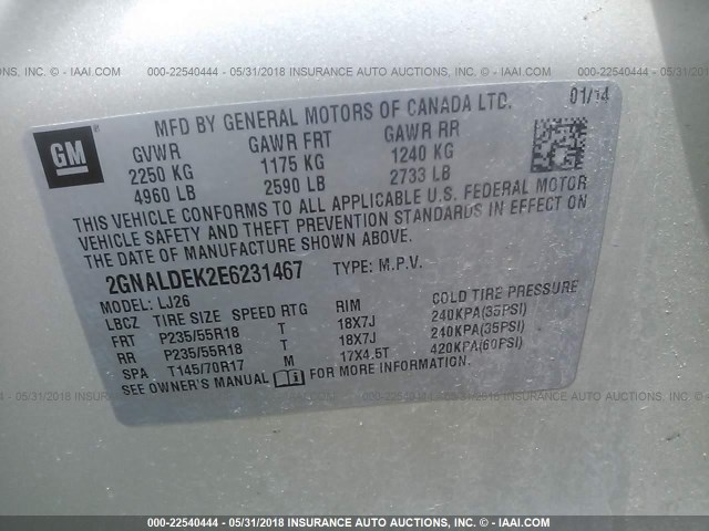 2GNALDEK2E6231467 - 2014 CHEVROLET EQUINOX LTZ GOLD photo 9