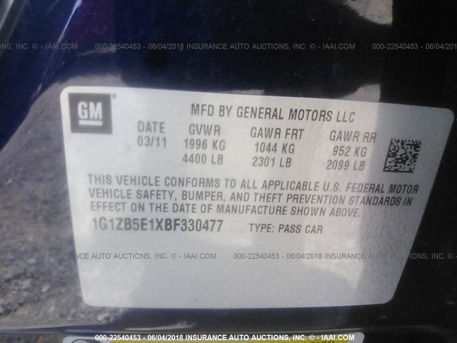 1G1ZB5E1XBF330477 - 2011 CHEVROLET MALIBU LS 深蓝色 照片 9