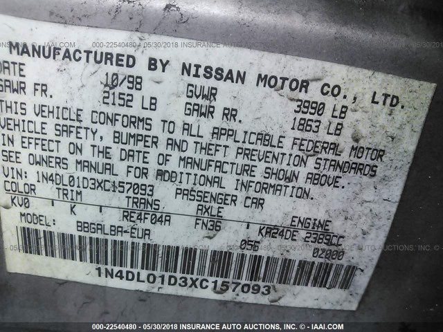 1N4DL01D3XC157093 - 1999 NISSAN ALTIMA XE/GXE/SE/GLE GOLD photo 9