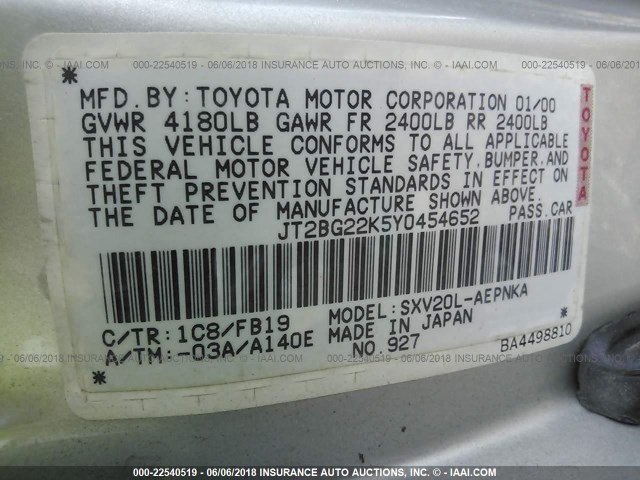 JT2BG22K5Y0454652 - 2000 TOYOTA CAMRY CE/LE/XLE SILVER photo 9