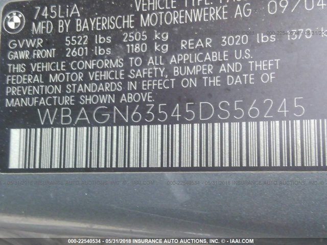 WBAGN63545DS56245 - 2005 BMW 745 LI GRAY photo 9