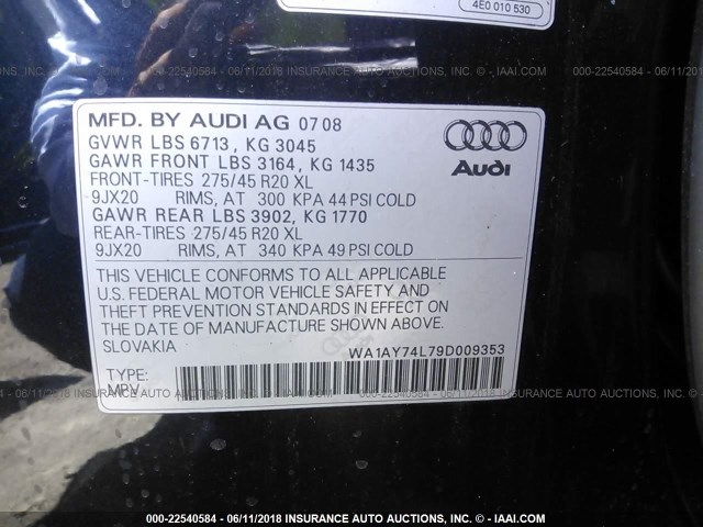 WA1AY74L79D009353 - 2009 AUDI Q7 3.6 QUATTRO BLUE photo 9