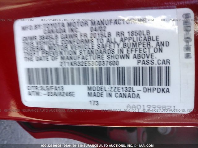 2T1KR32E53C037600 - 2003 TOYOTA COROLLA MATRIX XR RED photo 9