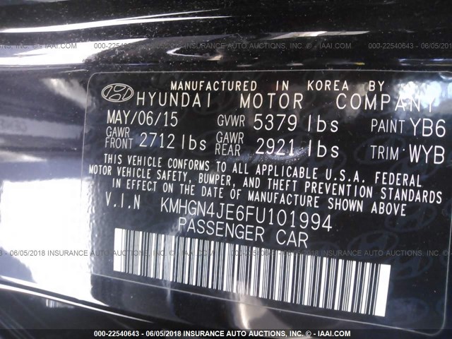 KMHGN4JE6FU101994 - 2015 HYUNDAI GENESIS 3.8L BLACK photo 9