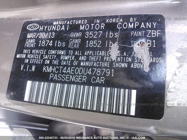 KMHCT4AE0DU478791 - 2013 HYUNDAI ACCENT GLS/GS TAN photo 9