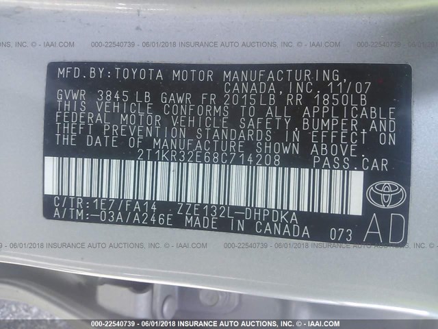 2T1KR32E68C714208 - 2008 TOYOTA COROLLA MATRIX XR SILVER photo 9