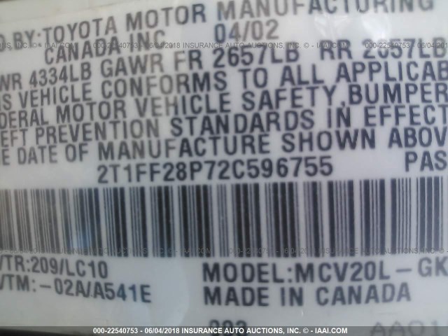 2T1FF28P72C596755 - 2002 TOYOTA CAMRY SOLARA SE/SLE Qara foto 9