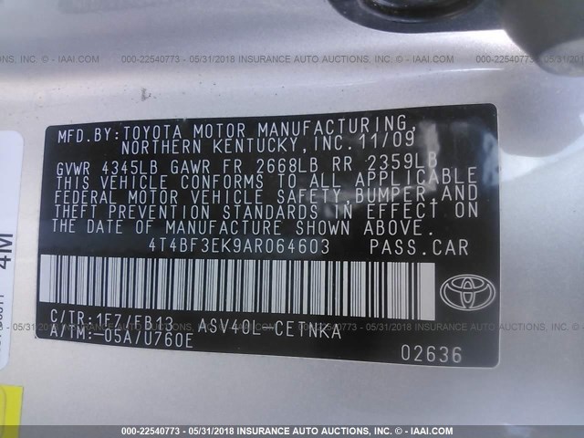 4T4BF3EK9AR064603 - 2010 TOYOTA CAMRY SE/LE/XLE SILVER photo 9