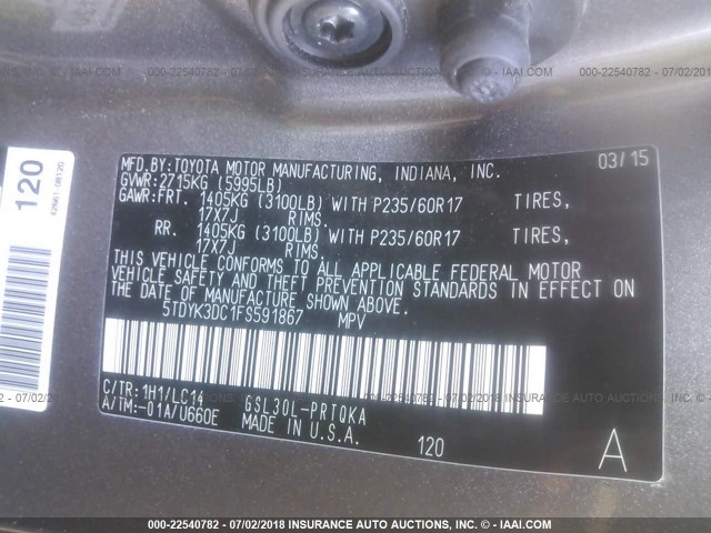 5TDYK3DC1FS591867 - 2015 TOYOTA SIENNA XLE/LIMITED GRAY photo 9