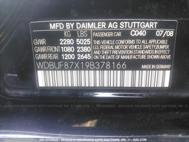 WDBUF87X19B378166 - 2009 MERCEDES-BENZ E 350 4MATIC BLACK photo 9